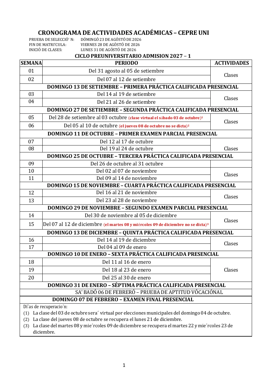 Vista previa del cronograma académico PRE 2027-1