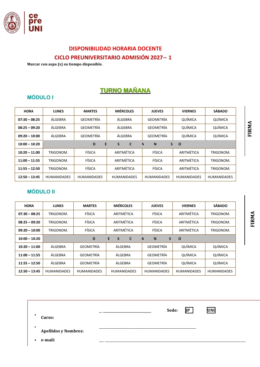 Vista previa del horario general PRE 2027-1