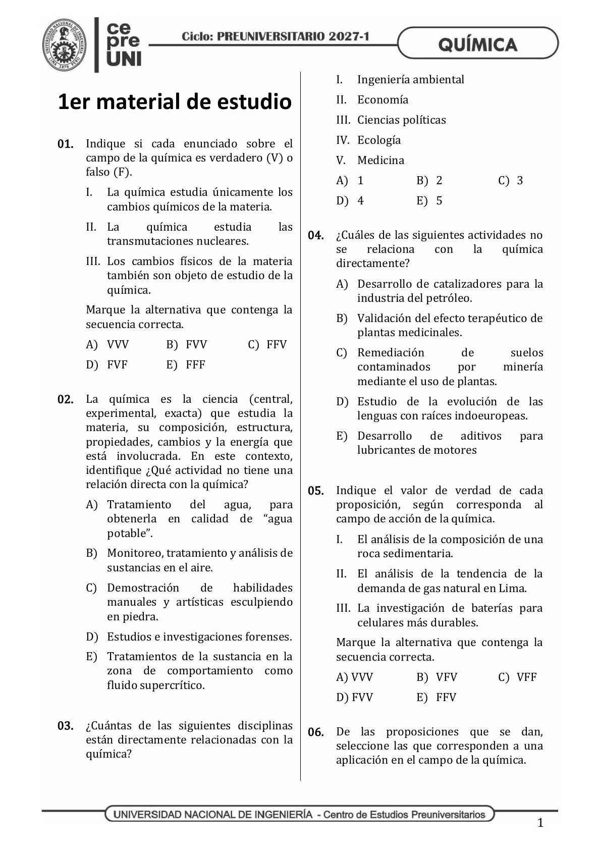 Vista previa de la carátula de Química Libro 1, primer material CEPREUNI 2027-1